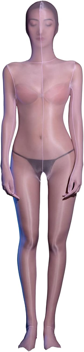 LESOYA Women's Sexy Ultrathin Sheer Full Bodystocking Back with Zipper Bodysuit Catsuit Attatched Gloves Hood