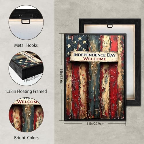 Image of American Flag Framed Canvas Wall Art, Independence Day Welcome Sign Canvas Prints, USA Flag Wood Texture Patriotic Decorations, 4th of July Red White Blue Wall Decor for Bedroom Living Room 11x14