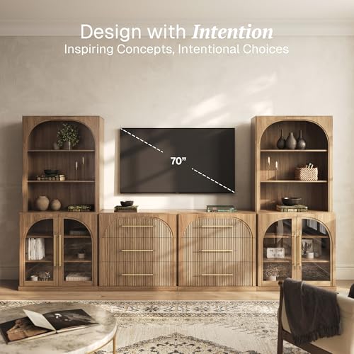 Image of BELLEZE Jagger 130 inch Wall Unit 6-Piece Modular TV Stand - Camel