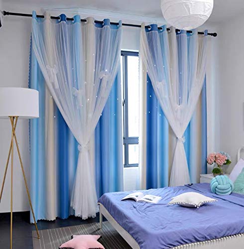 Image of Yancorp Room Darkening Light Blocking Pink Curtains White Sheer Lace Detachable Bow Ties Kids Room Decor Ombre Drapes Star Double Layer Window Panels Bedroom Living Room (Blue Beige, W52 X L63)