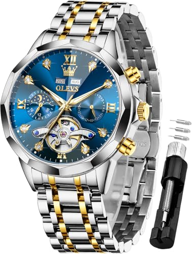 Image of OLEVS Men Automatic Watch Diamond Skeleton Mechanical Luxury Self Winding Moon Phase Calendar Waterproof Wrist Watch for Men