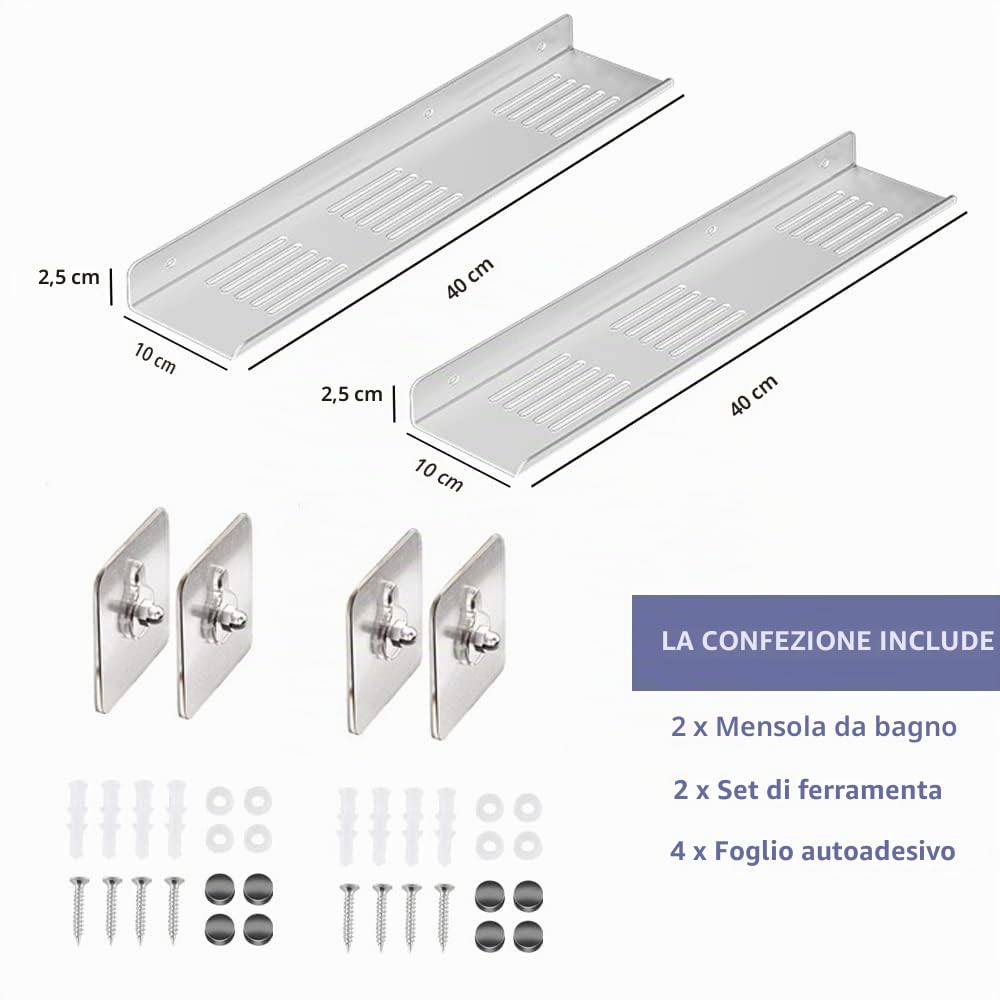 Mensola Doccia Senza Foratura,2 Pezzi Acciaio Inox Portaoggetti Doccia con Foro di Drenaggio Autoadesivo Mensole Organizer Bagno(40CM,Bianco)