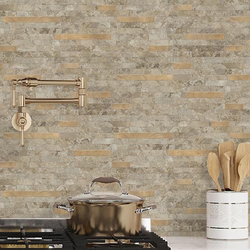 STICKGOO 20 Sheets Peel and Stick Backsplash Tile, Stick on Backsplash for Kitchen and Bathroom, Stone Beige Marble Look PVC Mixed Metal Gold Self Adhesive Wall Tiles