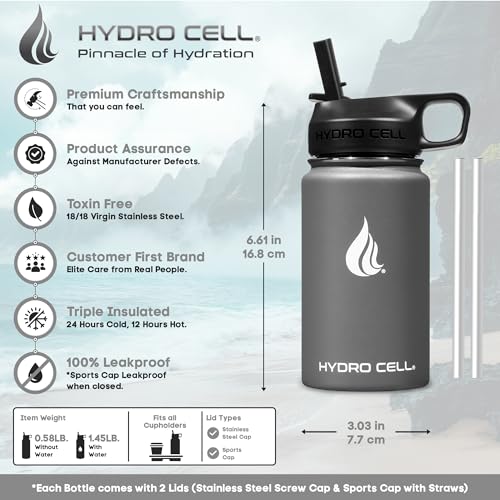 Image of HYDRO CELL Stainless Steel Insulated Water Bottle with Straw - For Cold & Hot Drinks - Metal Vacuum Flask with Screw Cap and Modern Leakproof Sport Thermos for Adults (Graphite 14oz)