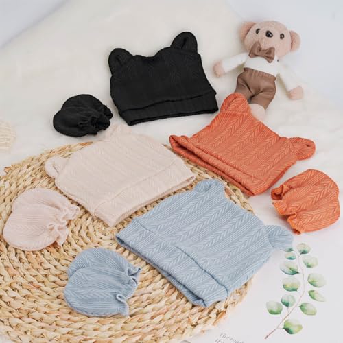 Image of BQUBO Newborn Baby Hats Bear Ears and Mittens Sets Preemie Caps Baby Boy Girl Infant Hospital Beanie for 0-3 Months