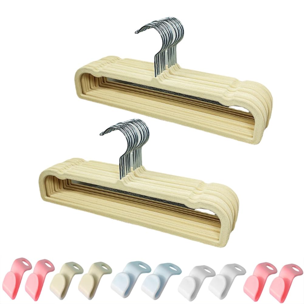 Percha de terciopelo para pantalones, ahorro de espacio, paquete de 20 perchas antideslizantes de fieltro para pantalones cortos, con 10 ganchos de conexión para ropa, organizador de armario, colgador
