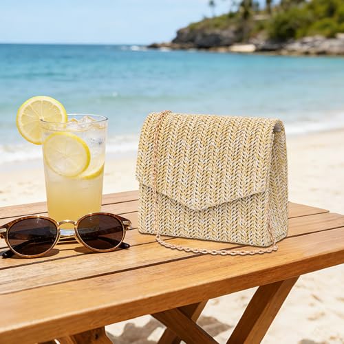 Image of Larcenciel Straw Clutch Purses for Women, Woven Beach Purse w /Chain, Summer Boho Evening Handbag for Wedding, Prom, Vacation