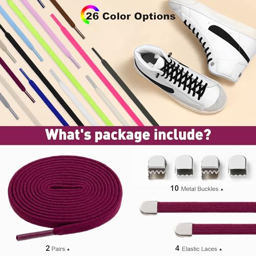 Image of Stepace 2 Pairs Elastic No Tie Shoe Laces for Kids and Adults Sneakers, Stretch Flat Tieless Shoestrings
