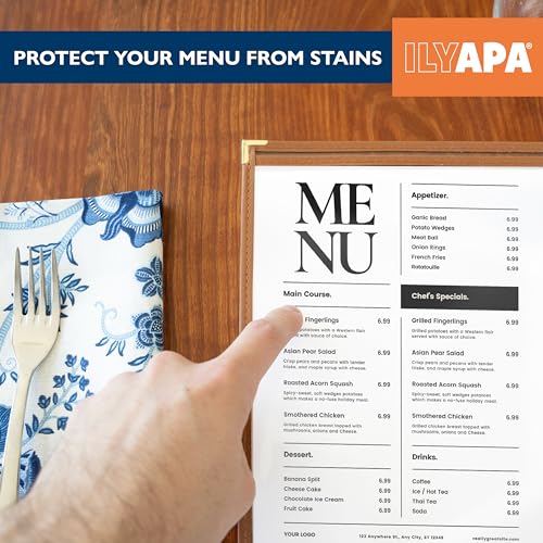 Image of Ilyapa Clear Menu Covers, 8.5x11 Inch - 30 Pack, Saddle Brown Faux Leather | 2-View Single Page Design, Durable PVC Plastic Sheet Protector, For Restaurant Menu Display, Double-Stitched Edges