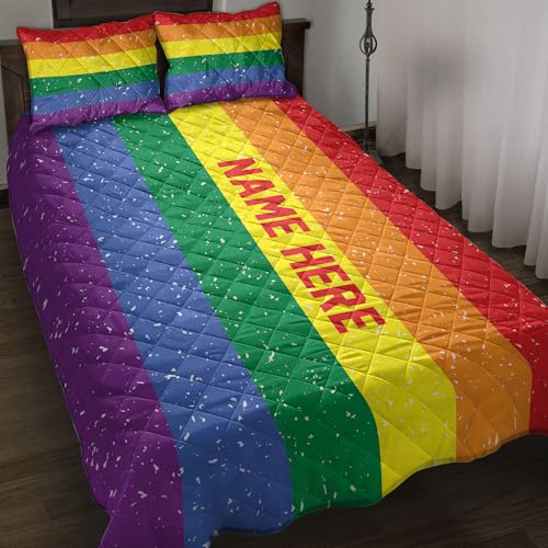 OhaPrints Custom LGBT Rainbow Flag LGBTQ Pride Love is Love Wins Personalized Name Quilt Blanket & Pillowcases, Bedding Set & Pillow Cover, King Queen Double Twin Throw Full Size Bedspread Bed