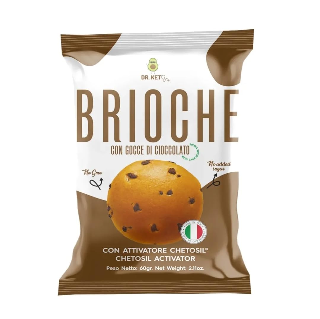 DR.KETO BRIOCHE CON GOCCE DI CIOCCOLATO - Panino Dolce con Gocce di Cioccolato Chetogenico Con attivatore Chetosil™ a base di Olio MCT (Box da 10 pezzi da 60 gr)