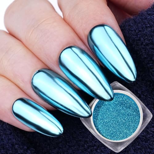 Pretty Diva Cyan Chrome Nail Powder, Cyan Blue Chrome Nail Powder...