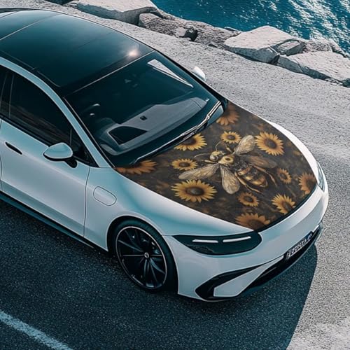 Image of Car Hood Cover Stretch Polyester Car Hood Protector Mechanical Bee Print Car Hood Flag Waterproof Car Exterior Accessories for Most SUVs Sedans Trucks Pickups
