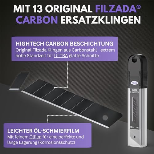 Filzada ® 3x Cuttermesser Profi inkl. 13x Carbonstahl Klingen BLACK - Cuttermesser 18mm - Robustes Teppichmesser Profi - Cutter Messer Set - Kattermesser Metall ULTRASCHARF