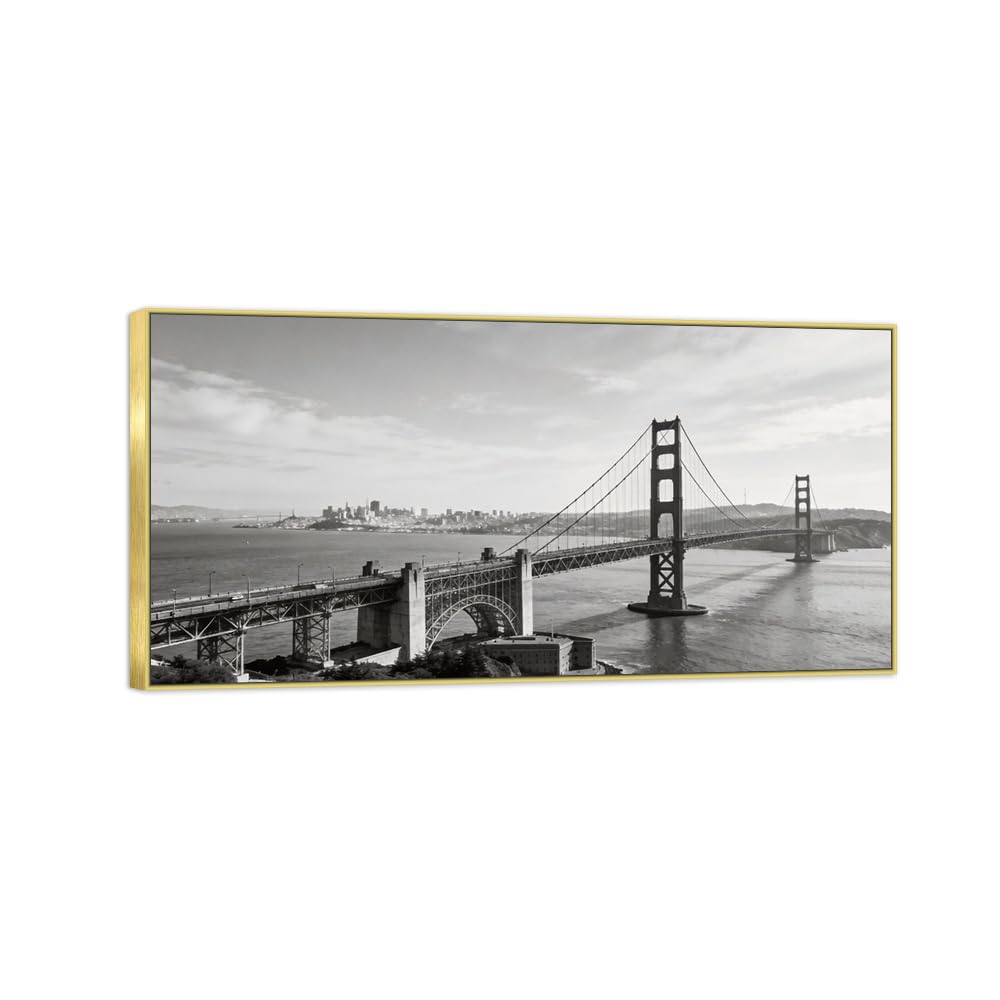 Sea Bridge 3 Black White Landscape Canvas Picture 40x80cm Gold Frame