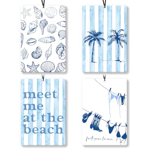 Image of Blue Western Preppy Beach Car Air Freshener 4Pcs, Tropical Coastal Cowgirl Beach Seashell Air Freshener for Car Interior Closet Drawer Books, Ocean Beachy Car Mirror Decor Hanging
