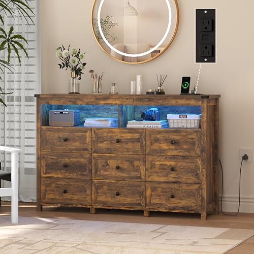 Image of Wodeer 9 Drawer Dresser for Bedroom with LED Lights, Charging Station, Wood Chest of Drawers with Metal Handles, Modern TV Stand & Storage Organizer for Living Room, Hallway, Brown