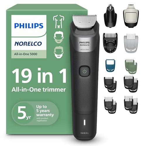 Image of Philips Norelco All-in-One 5000 19-in-1 Trimmer, Face, Hair & Body, Black | Beard Styler, Nose, Detail & Body Trimmer, Hair Clipper, Steel Blades, 17 lengths, 3-Hr Runtime, Showerproof, MG5965 /49