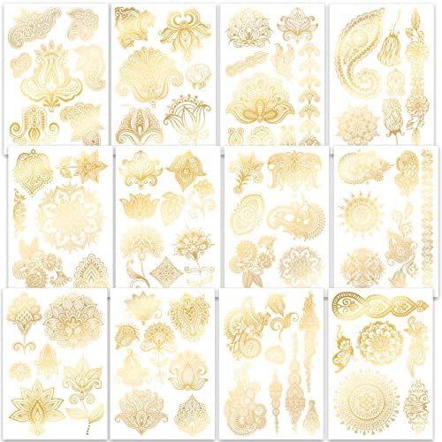 Qpout 12 Sheets Metallic Temporary Tattoos for Kids Girls Women, Gold Tattoos Waterproof, Bronzing Tattoo Stickers, Tribal Totem Butterfly Flower Fake Tattoos, Face Hand Arm Chest Tattoos Decoration