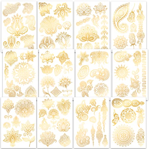Qpout 12 Sheets Metallic Temporary Tattoos For Kids Girls Women, Gold Tattoos Waterproof, Bronzing Tattoo Stickers, Tribal Totem Butterfly Flower Fake Tattoos, Face Hand Arm Chest Tattoos Decoration #TOP3