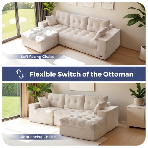 Image of MAXYOYO 96 inch L Shaped Modular Sectional Sofa with Ottoman, Cloud Boneless Couch with Layered Cushion, Upholstered Sofa in a Box, Flexible Module Combination for Living Room, No Assembly, Beige