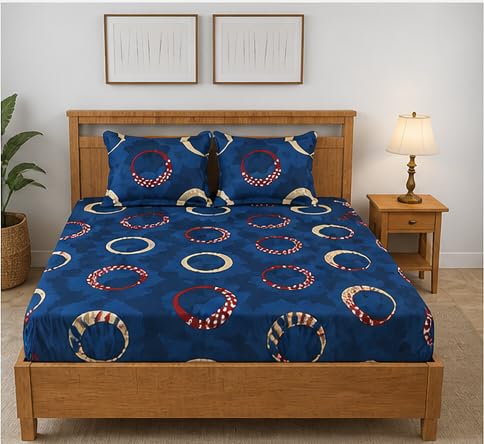 Image of Jashan 210 TC Glace Cotton Soft Cotton Stars Design Print Fitted King Size 72x78x10 inches Bedsheet Set - Lightweight & Durable 1 Bed Sheet with 2 Pillowcase 17x27 inches BlueStars