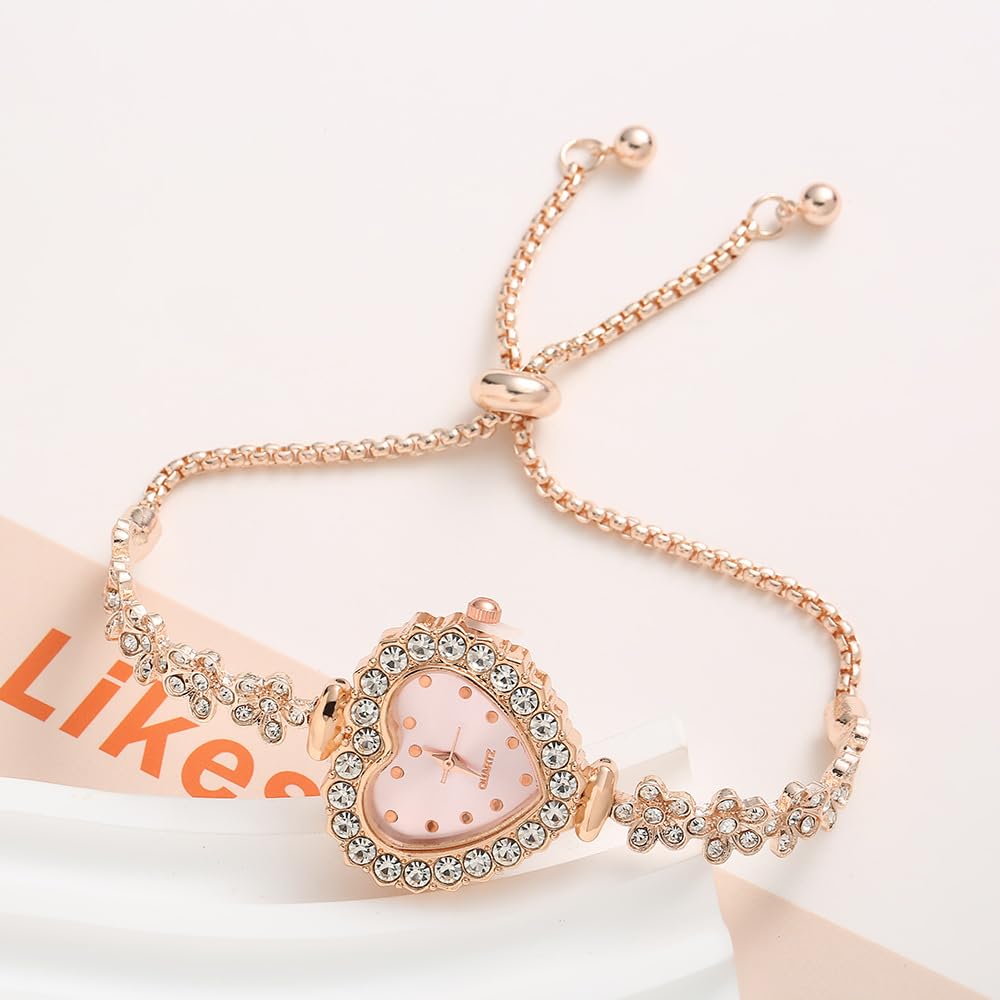 5 Stück verstellbare Armbanduhr für Damen Strass Quarzuhr Diamantbesetzte Uhr Casual Mode Herzform rundes Zifferblatt Analog Quarz Armbanduhren