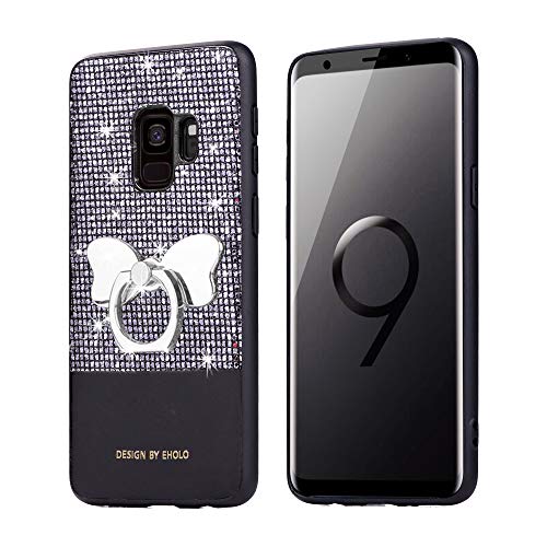 Tifightgo Samsung S9 Plus Slim Case,Silver Bling Shiny Rhinestone Soft TPU Silicone Case Protection Cover Bumper Case for Samsung Galaxy S9 Plus with Bow Ring Bracket