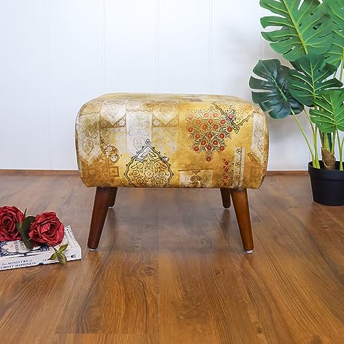 Image of The Artage Puffy Stool For Living Room Vanity Dressing Table Sitting Printed Premium Foam Cushioned Pouffe Ottoman for Foot Rest In Yellow Brown Home Decor Furniture Wooden (Floral) (Traditional Hues)