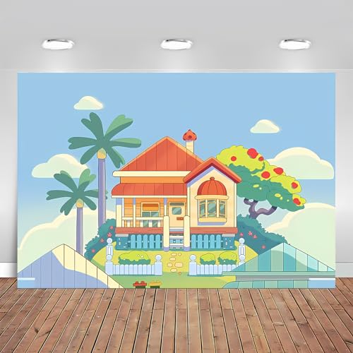 WINZING Blue Dog Theme Backdrop Blue Dog Birthday Party Background Cartoon Sky Building Photography Background Kids Birthday Party Decorations for Boys and Girls 7x5 ft