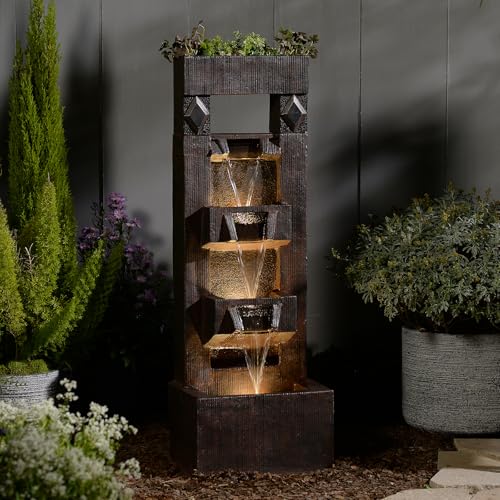 Bumilgar 104 cm Gartenbrunnen, 4-stufiger Wasserbrunnen aus Kunstharz, moderner freistehender Wasserfall mit LED-Lichtern für Terrasse, Garten, Deck, Veranda und Heimdekoration, Braun