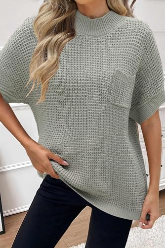 Image of Women 2026 Sweater Vest Mock Neck Batwing Short Sleeve Oversized Ribbed Knit Tops Fall Pullover Sweater S-XXL