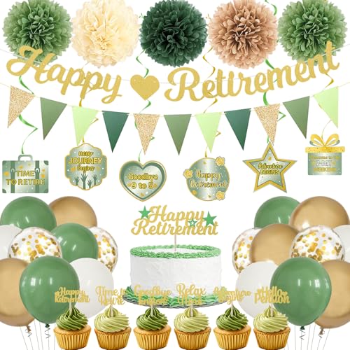 Roetyce Retirement Party Decorations Women Men, Green Happy Retirement Banner Balloons Cake Topper Hanging Swirls Pompoms Kit, Sage Green Office Retired Party Supplies for Coworker