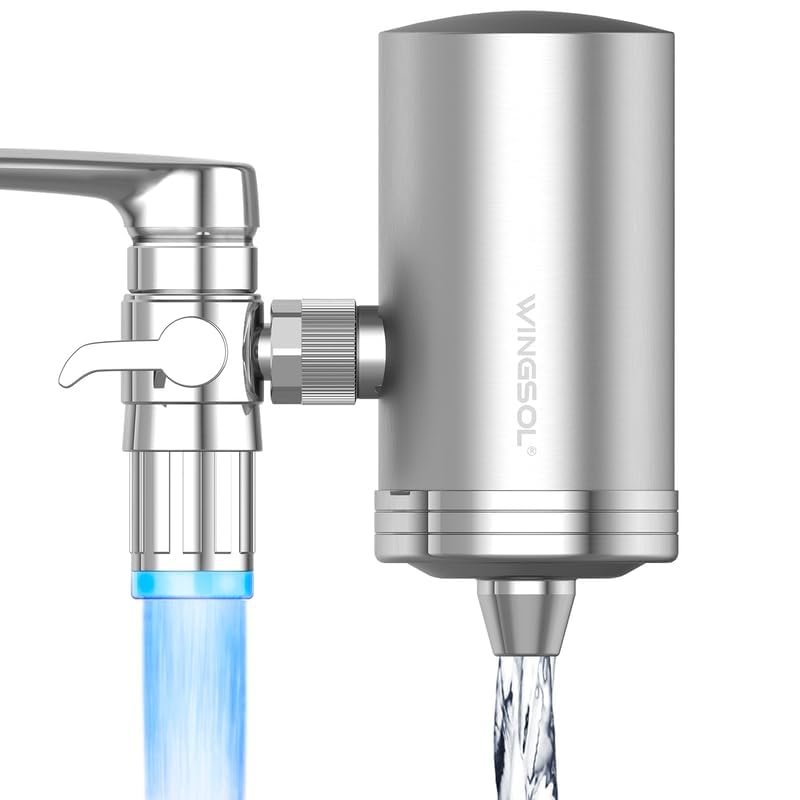 WINGSOL Stainless Steel Water Filter for Sink Faucet, Temp. Sensor LED Light, NSF/ANSI 42&amp;53, 360° Rotating Tap Purifier Reduce PFAS, Lead, Chlorine &amp; Microplastics, 350 Gallons Long-Lasting