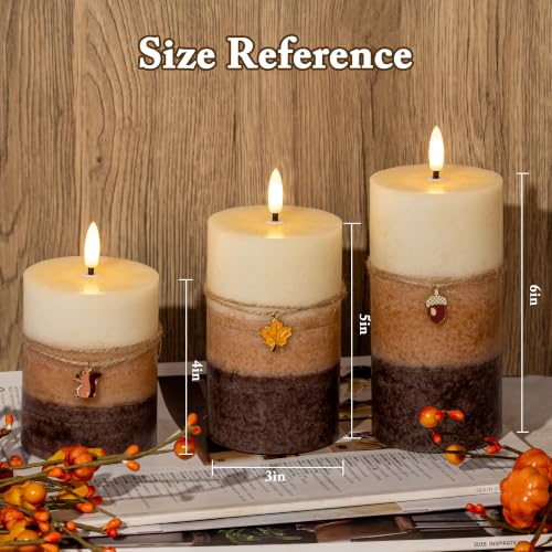 Image of Brown Fall Flameless Pillar Candles with Remote, 3 Pack Thanksgiving Decor