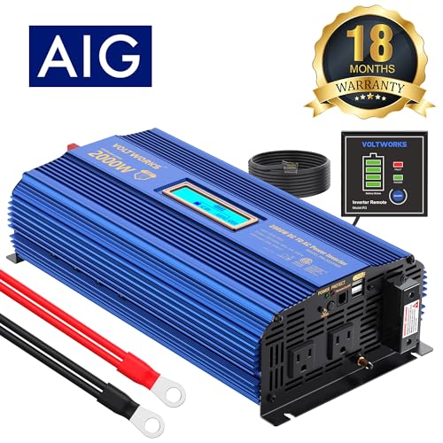 Power Inverter 2000w DC 12V to AC 120V ETL UL458 Compatible with Lithium Battery for Off-Grid Solar Car RV Truck Boat with LCD Display Remote Control 2 AC Outlets Dual 2.4A USB Ports by VOLTWORKS