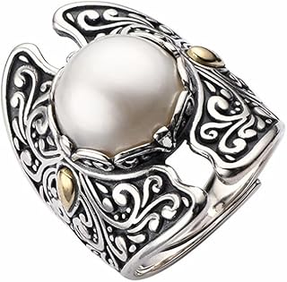 Vintage Pearl Wide Statement Ring for Women Oxidized Silver Plated Boho Open Wedding Band Wrap Expandable Finger Rings Comfort Fit Fashion Bohemian Ethnic Fashion Jewelry Size 7