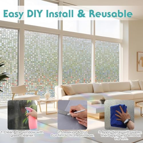 Image of CREON Window Privacy Film Stained Glass (24 X 508 Inch) Rainbow Mosaic Decorative Static Glass, Removable Vinyl UV Blocking Stickers for Home,Office