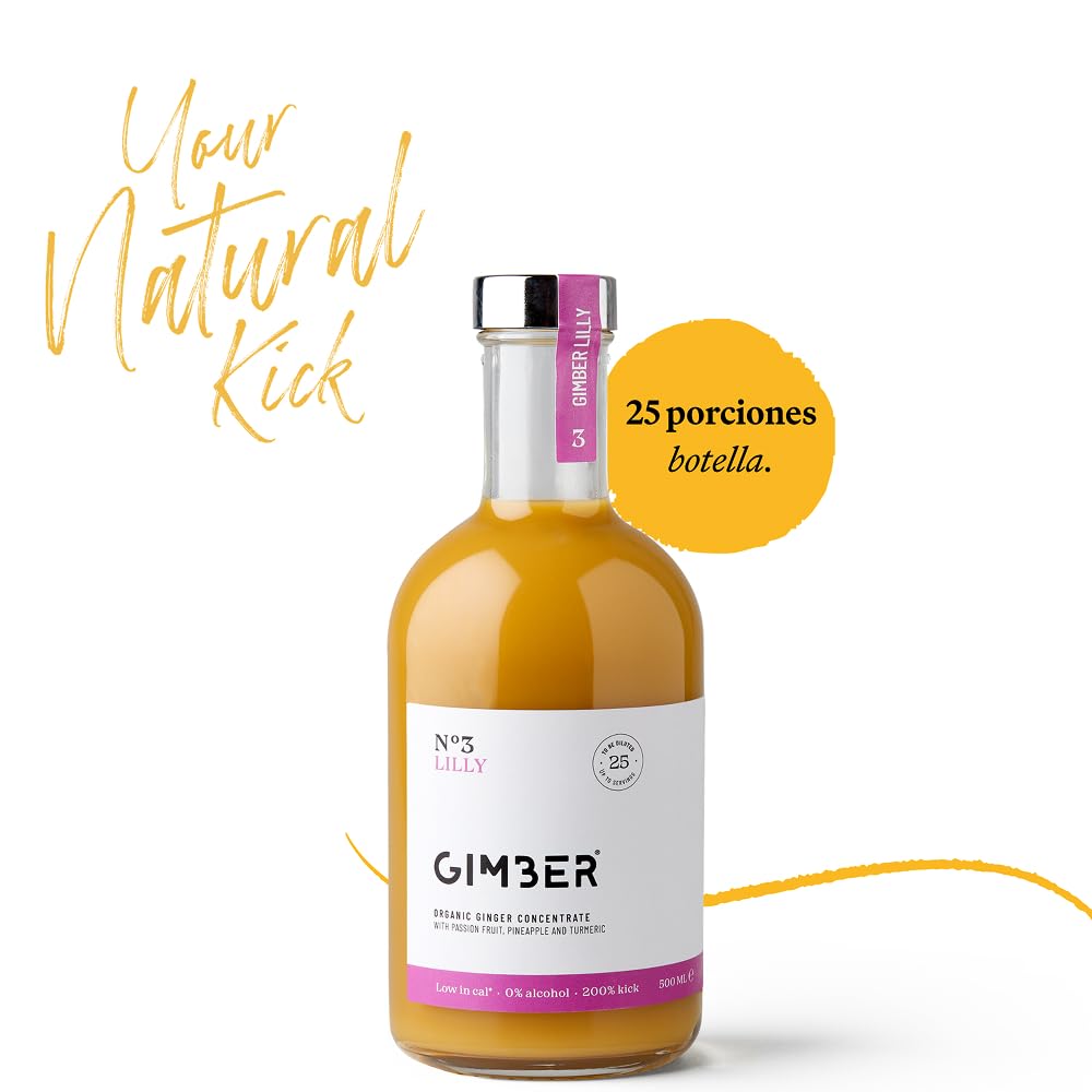 GIMBER Sweet Lilly Zumo de Jengibre 500 ml | 100% Ecológico, Bebida sin Alcohol con Maracuyá, Piña y Cúrcuma | Extracto Premium, Sabor Intenso, Perfecto para Cócteles, Mocktails y Refrescos Naturales