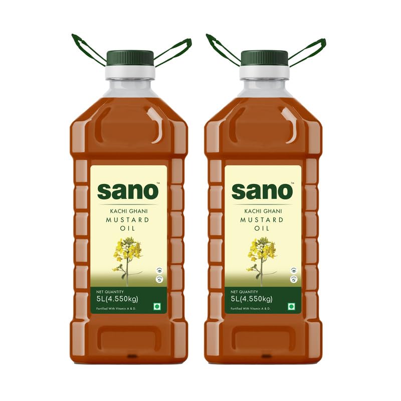 Image of sano Pure & Fresh Kachi Ghani Mustard Oil - 5 Ltr X 2 Pack Pet Bottle | High Pungency | Rich in Omega-3 | 100% Natural | Authentic Indian Cooking Oil