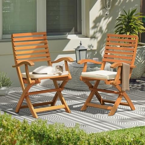 IDZO Patio Chairs Set of 2, Wood Folding Armchairs with Cushions, FSC Acacia Outdoor Furniture, 400lbs Capacity, No Assembly Required, Foldable and Space-Saving Design, Ready to Use Cover