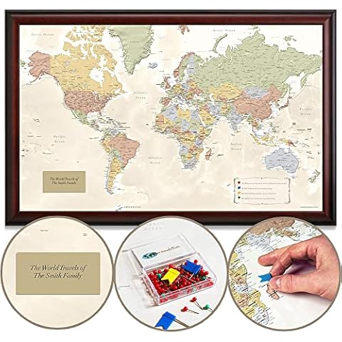 Map Your Travels Deluxe Push Pin World Map | Premium Wood Frame | Personalized Gift Map | Handmade in Minnesota | 33" x 21" Cover