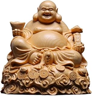 【開運招福】高級天然桧木彫り 布袋様仏像 ミニ置物(18x17x13.5cm) 商売繁盛・無病息災・福徳開運 ギフト贈答用