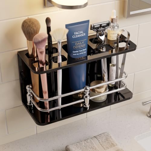 Image of self Adhesive Wall Mounted Acrylic Toothpaste Holder,Toothbrush Stand,Toothpaste Tubler for Bathroom Organizer Rack for Home(Black Acrylic) (Full S.S Black)