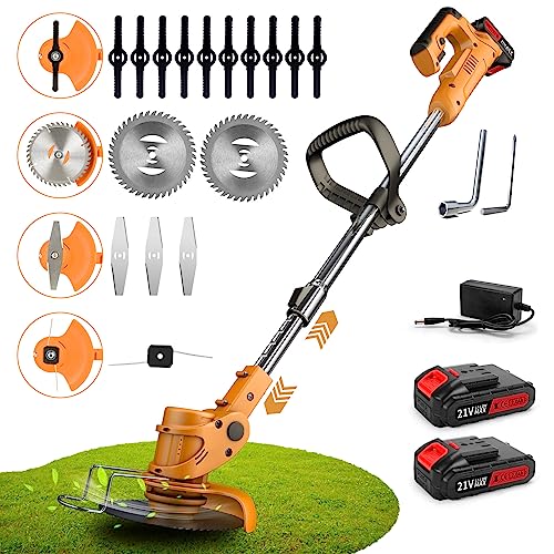 Weed Wacker Battery Operated 21V 2000mAh, 3-in-1 Weedeaters Cordless Brush Cutter Edger Lawn String Trimmer, with 4 Types Blades, 2 Batteries, 1 Charger (Orange)