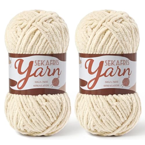 Image of 2 Pack Fluffy Velvet Yarn for Crocheting,Baby Blanket Yarn for Crocheting Soft,100g(131yds) Amigurumi Yarns,Plush Chenille Crochet Yarns,Puzzle Yarn for Crochet Weaving Craft(2 Beige)