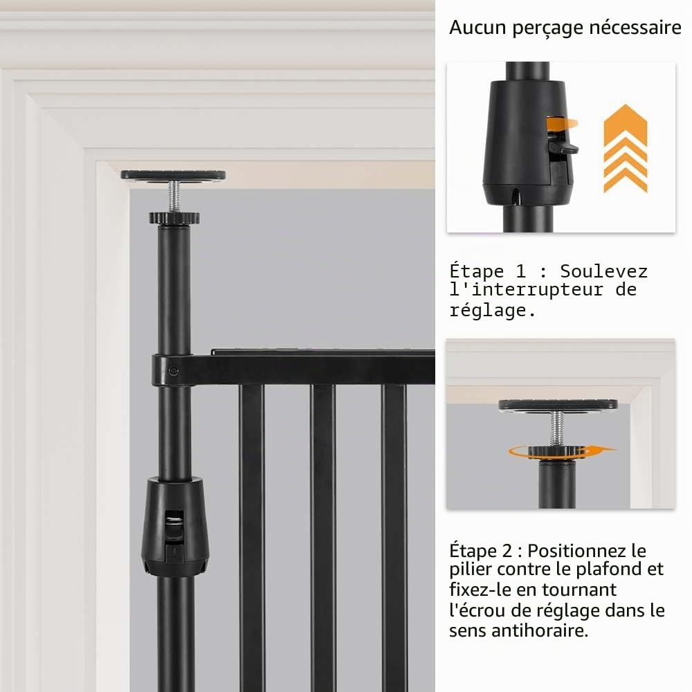 unipaws Barrière de protection pour chat - 190 cm - Fermeture automatique - Sans perçage - Pour chats et chiens - Largeur : 53 à 86 cm - Noir
