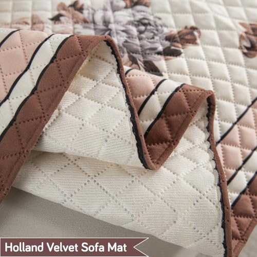 Image of HOKIPO 'LiefNest' Printed Holland Velvet Sofa Armrest Covers | 1 Pair | Chrysanthemum Bloom Soft Beige (IN-827-L-D6*2)