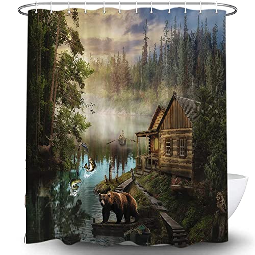 Forest Bear Shower Curtain, Vintage Cabin Country Natural Scenery Lake House Bath Curtain, Wildlife Farm Animals Camping Decor Fabric Bathroom Set With Hook 69X70 #TOP2