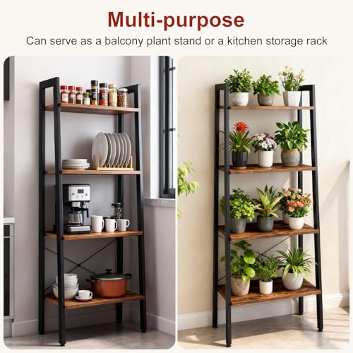 Image of DUMOS Ladder Shelf, 4-Tier Display Bookshelf, Industrial Style Storage Standing Shelf, Decorative Shelves with Stable Frame for Living Room, Bedroom, Office, Kitchen, Bathroom, Brown